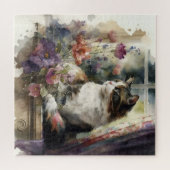 キッテンキャットパープルフラワーウィンドウサンライト ジグソーパズル (横)