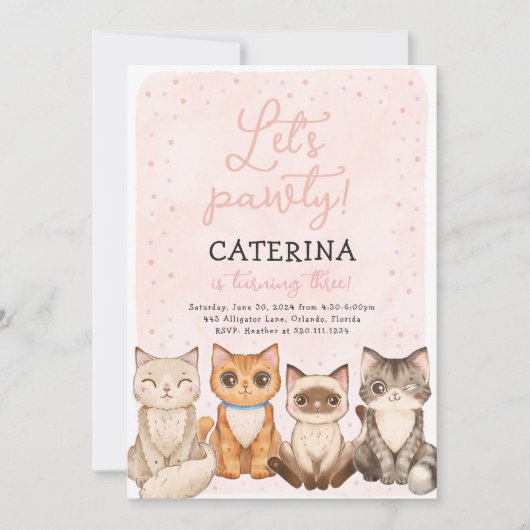 キッテンキャットレッツポーティ誕生日招待状 招待状 (正面)