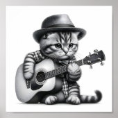 キッテンシャツハットアコースティックギターペンシルポートレート ポスター (正面)