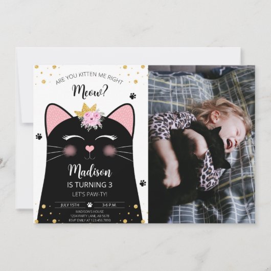 キッテンニャウ誕生日黒写真 招待状 (正面)