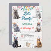 キッテンパーティーレッツポーティおもしろい猫誕生日 招待状 (正面/裏面)