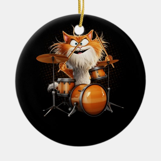 キッテンロックバンドおもしろい子猫ドラマー遊キャットD セラミックオーナメント (正面)