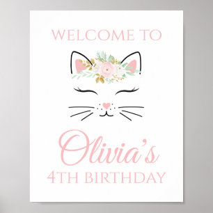 キッテン誕生日ウェルカムサインフローラ子猫顔 ポスター