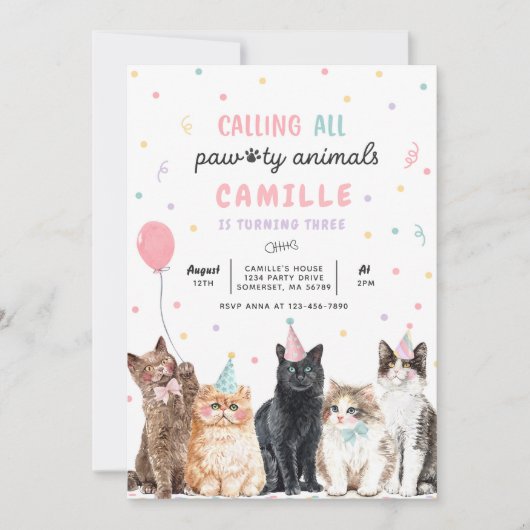 キットンパーティーすべてのパウィティ動物を呼び出す誕生日 招待状 (正面)
