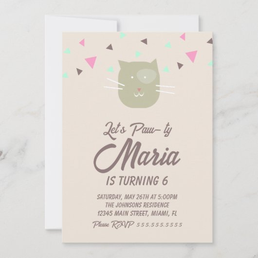 キットン誕生日ポーティパーティー動物紙吹雪 招待状 (正面)