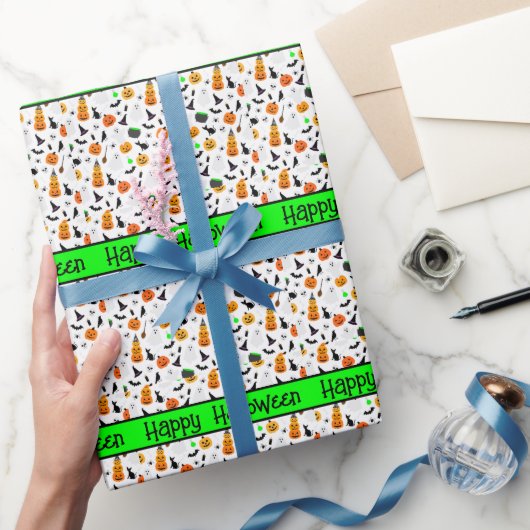 キッドハロウィーン幽霊カボチャ黒猫パーソナライズド ラッピングペーパー (ギフト)