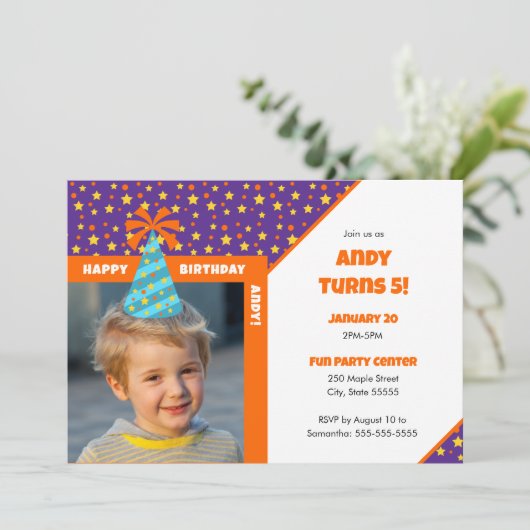 キッドパーソナライズされたフォトハッピーバースデーブルーハットv2 招待状 (スタンド正面)