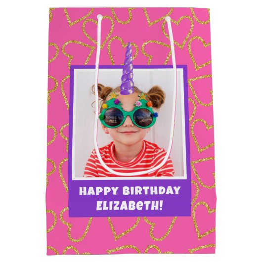 キッドパーソナライズされたフォトハッピーバースデーユニコーン ミディアムペーパーバッグ (裏面)
