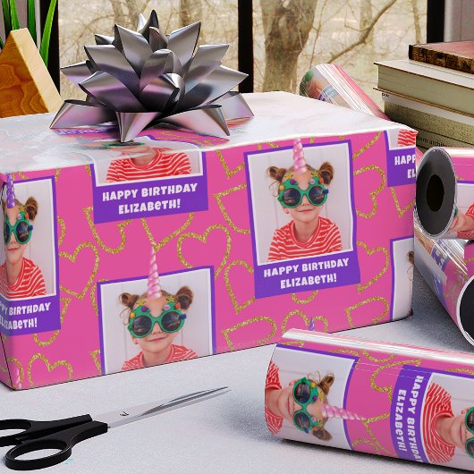 キッドパーソナライズされたフォトハッピーバースデーユニコーン ラッピングペーパー