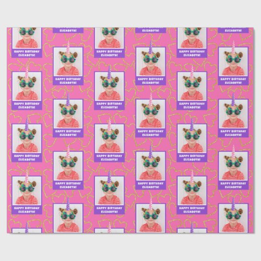 キッドパーソナライズされたフォトハッピーバースデーユニコーン ラッピングペーパー (フラット)