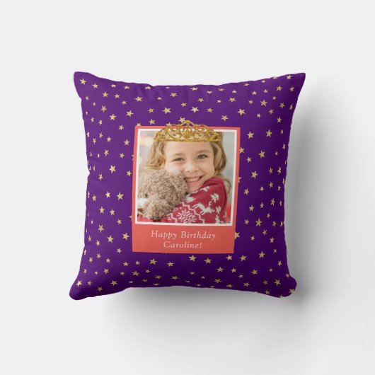 キッドパーソナライズされたフォトハッピーバースデー金ゴールドクラウン クッション (裏面)