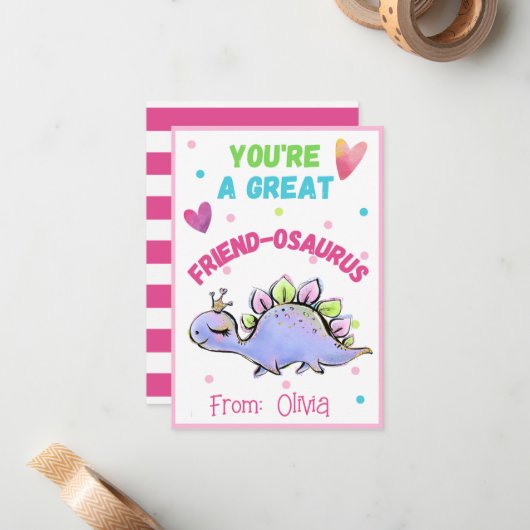キッド・フレンド・オサールのための可愛い恐竜のバレンタインカード ノートカード (正面/裏面インサイチュ)