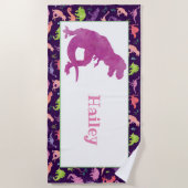 キッパーソナライズされたズパープル恐竜水彩Tレックス ビーチタオル (正面)