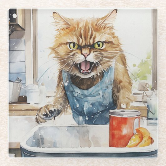 キッ怒チンの水彩オレンジ虎猫 ガラスコースター (正面)