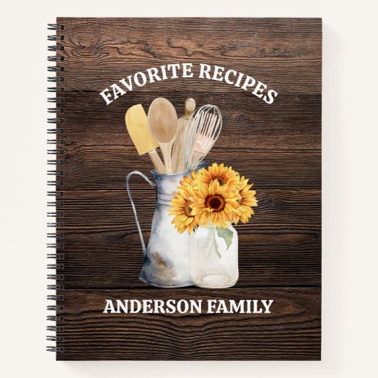 キッ素朴チン器具ひまわり茶色の木材レシピ ノートブック (正面)