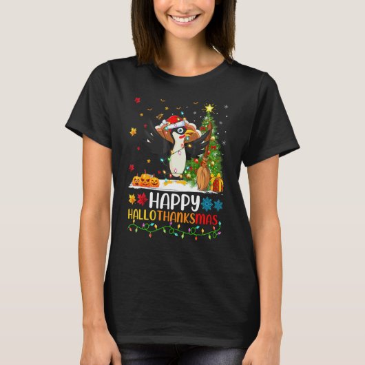 キツツキの鳥 幸せなキツツキ ハロサンクスマス Tシャツ (正面)