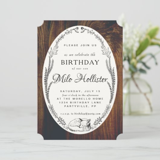 キツネおよび月桂樹の木製の誕生日の招待 招待状 (スタンド正面)