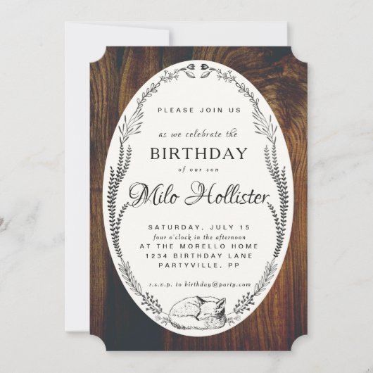 キツネおよび月桂樹の木製の誕生日の招待 招待状 (正面)