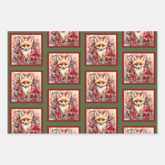 キツネかわいいクリスマス追加の名前フローラ ラッピングペーパーシート (正面)