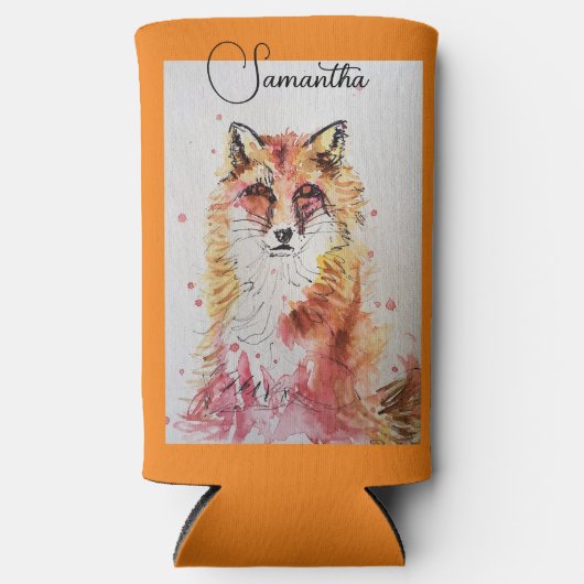 キツネかわいい赤絵を描水彩画クール術 スリム缶クーラー (正面)