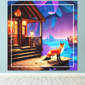 キツネがキャビンの前に座る–47567 キャンバスプリント (インサイチュ (ウッドフロア))