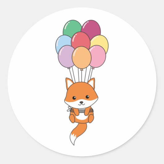 キツネが風船で飛びカラフル上がる ラウンドシール (正面)