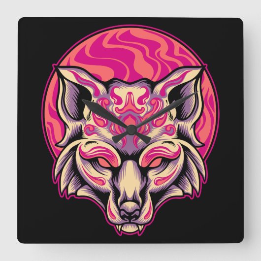 キツネきつね スクエア壁時計 (正面)