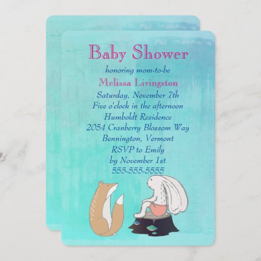 キツネとお洒落うさぎターコイズベビーシャワー 招待状 (正面/裏面)