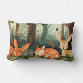 キツネとウサギが森で眠る ランバークッション