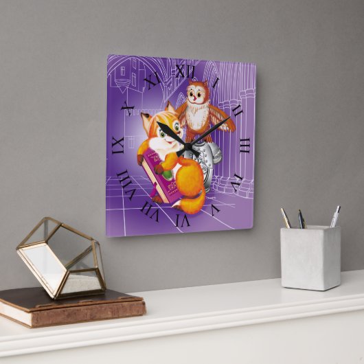 キツネとオウム スクエア壁時計 (オフィス)