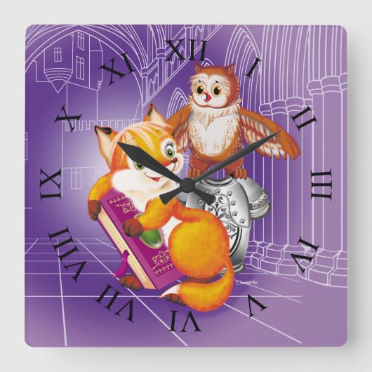 キツネとオウム スクエア壁時計 (正面)