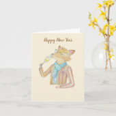 キツネとスパークリングワインの新年の挨拶カード カード (黄色い花)