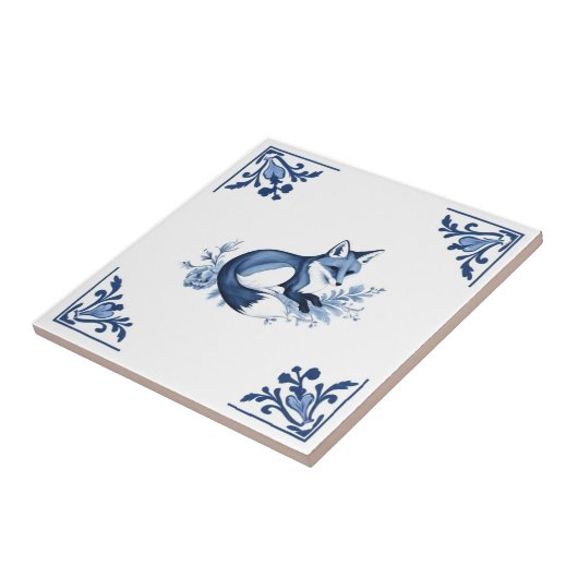 キツネとデルフトブルーとホワイトコーナーフローリッシュ タイル (側面)