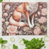 キツネとドリーミーピンクフローラ キッチンタオル (折り畳み)