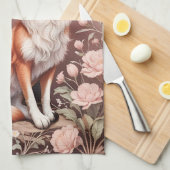 キツネとドリーミーピンクフローラ キッチンタオル (四つ折り)