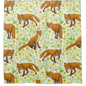 キツネとナチュラルホワイトのバターカップ シャワーカーテン (正面)