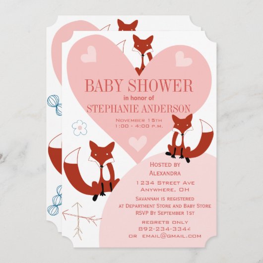 キツネとハートベビーガールシャワー招待状 招待状 (正面/裏面)