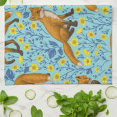 キツネとバターカップのプールブルー キッチンタオル (折り畳み)