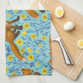 キツネとバターカップのプールブルー キッチンタオル (四つ折り)