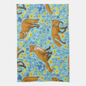 キツネとバターカップのプールブルー キッチンタオル (縦)