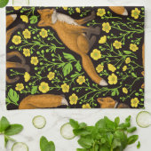 キツネとバターカップの黒 キッチンタオル (折り畳み)