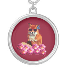 キツネとバラアートラウンドネックレス