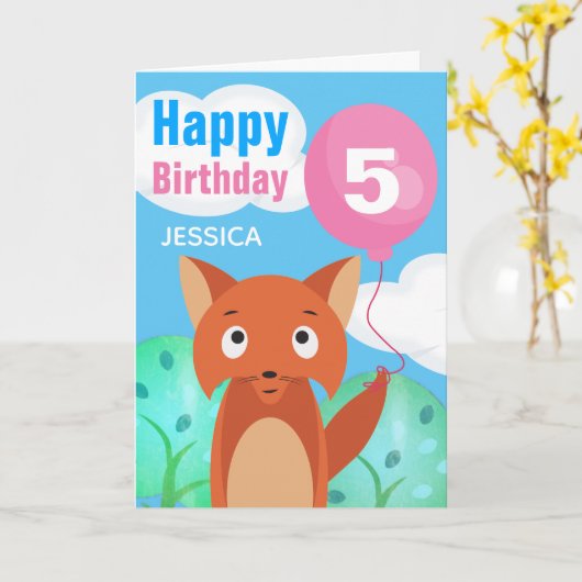 キツネとバルーンパーソナライズされた誕生日任意の年齢 カード (黄色い花)