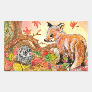 キツネとフェレットの紅葉 長方形シール