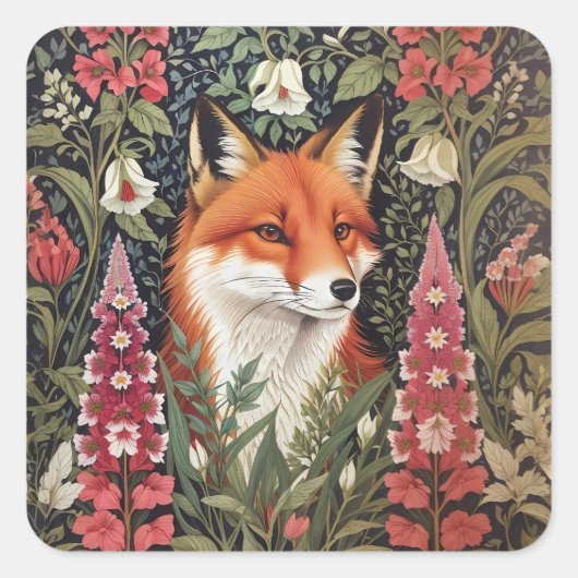 キツネとフォックスグローブフラワーズウィリアムインスパイアモリス スクエアシール (正面)