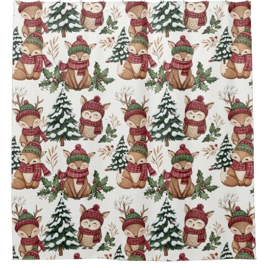 キツネとフクロウの森の動物のクリスマスパターン シャワーカーテン (正面)