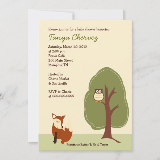 キツネとフクロウの森の赤ちゃんシャワー5x7 招待状 (正面)