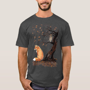 キツネとフクロウオンザツリー動物愛好家かわいい秋l tシャツ