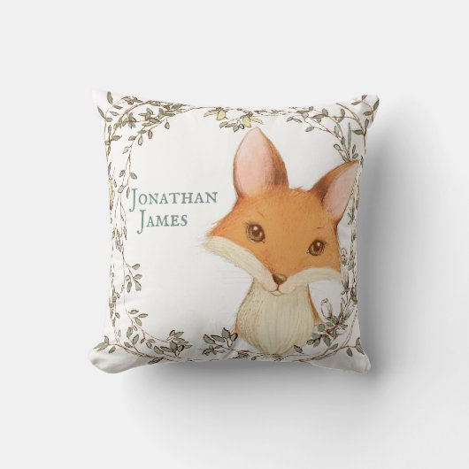 キツネとフローラリースベビー名パーソナライズされた クッション (正面)