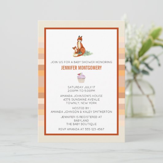 キツネとベビー水彩イラストレーションベビーシャワー 招待状 (スタンド正面)